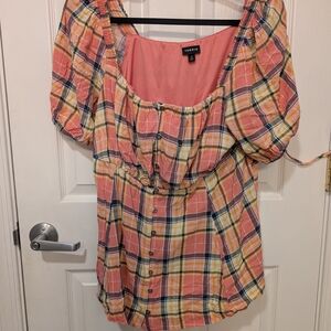 Torrid Plaid Peasant Blouse - Pink and Yellow